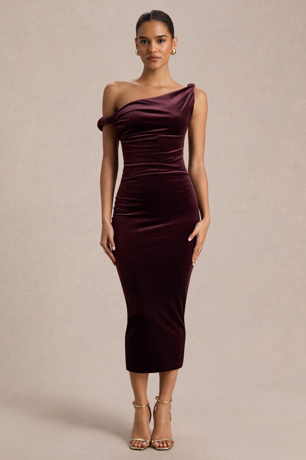 Carella | Burgundy Velvet One Shoulder Midi Dress With Twist Detailing