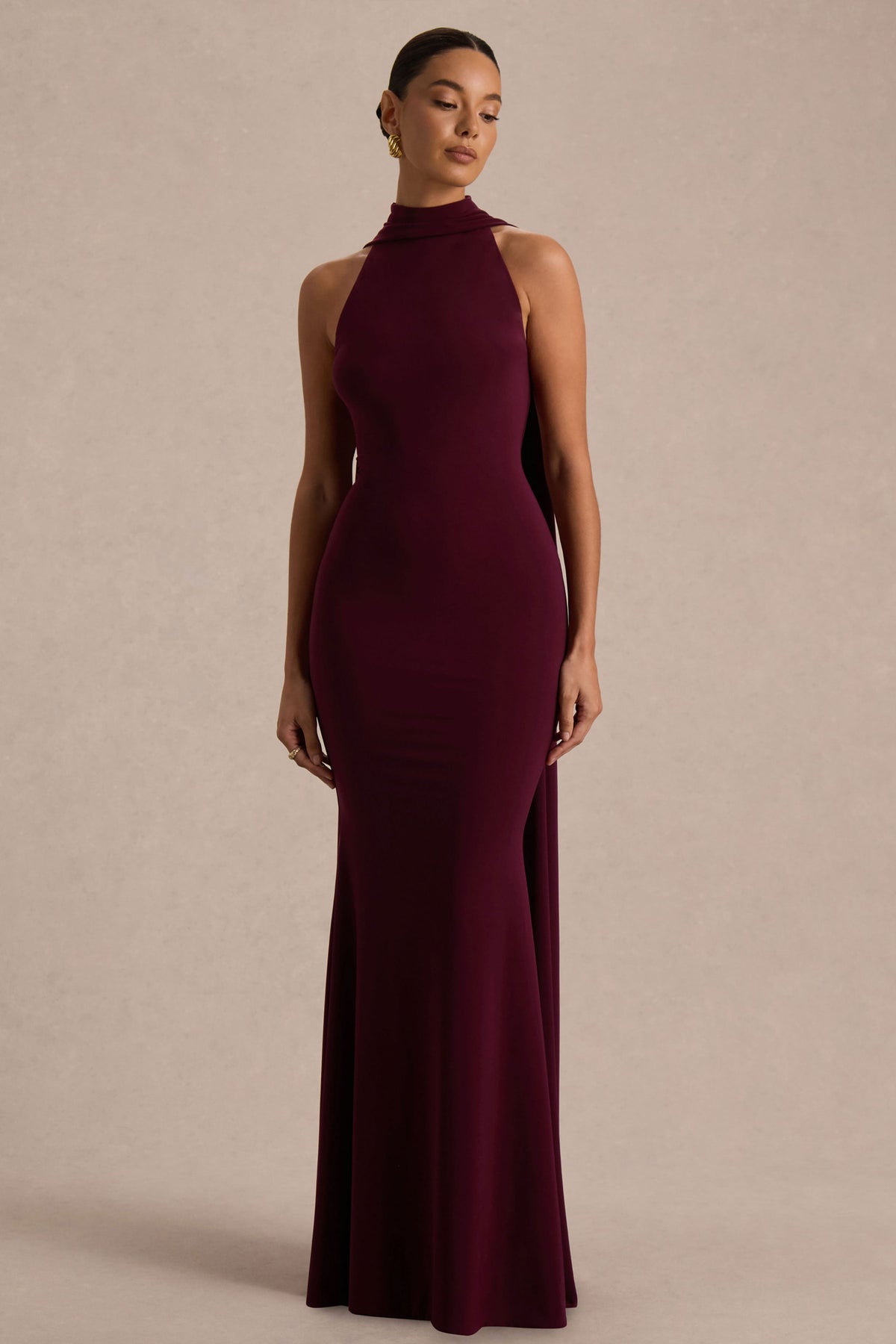 Cordy | Burgundy Jersey High Neck Maxi Dress With Scarf Detail