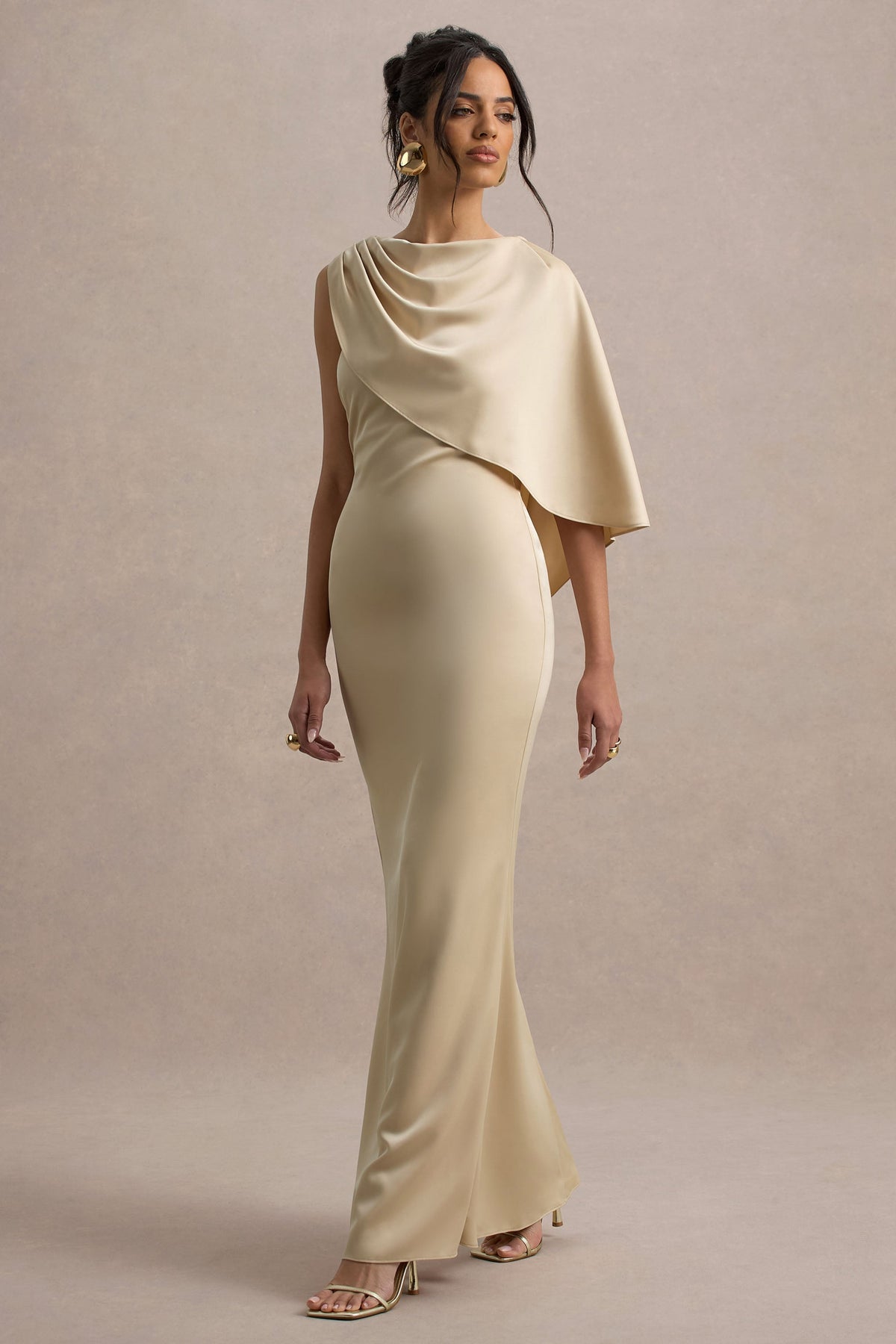 Ambra | Champagne Satin One-Shoulder Cape Maxi Dress