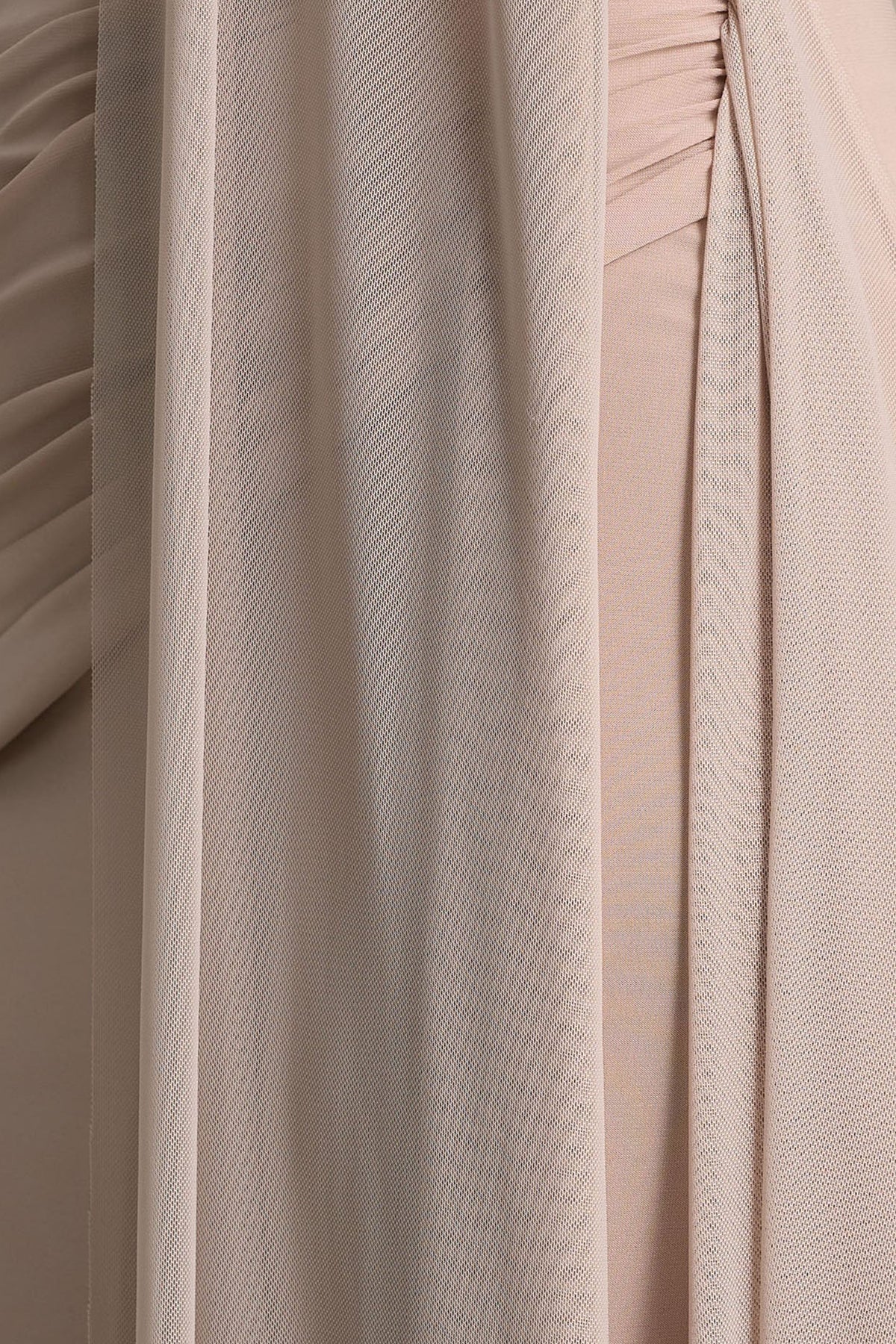 Brenda | Champagne Crew-Neck Maxi Dress With Mesh Cape And Sash