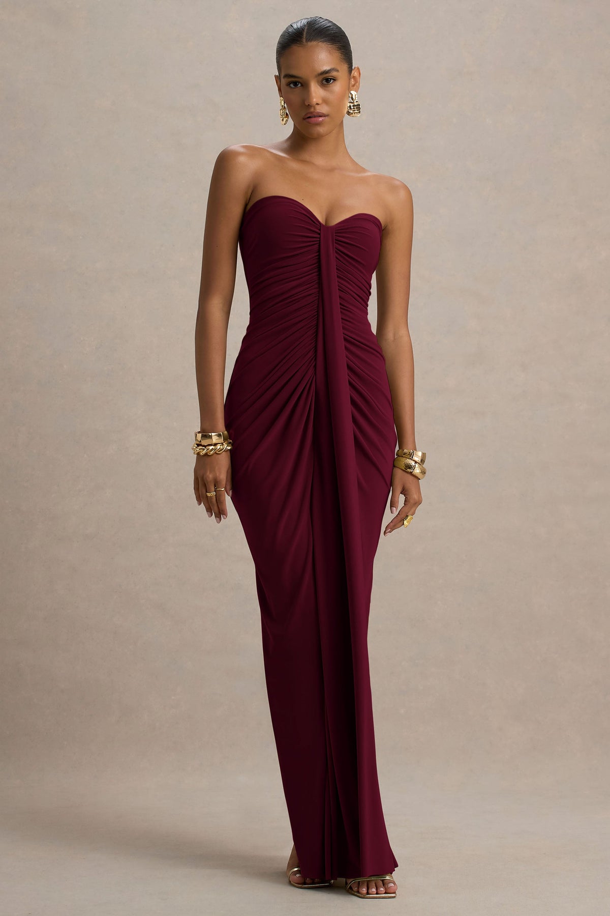 Ali | Burgundy Jersey Sweetheart Maxi Dress With Gathered Detailing And Sash