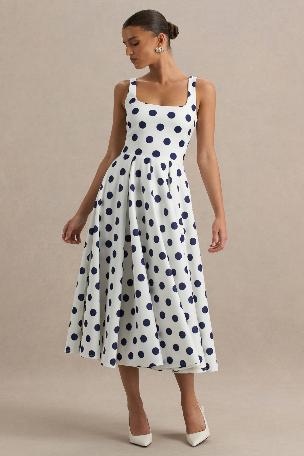 Berta | White And Navy Polka Dot Print Scuba Square Neck A-Line Midi Dress