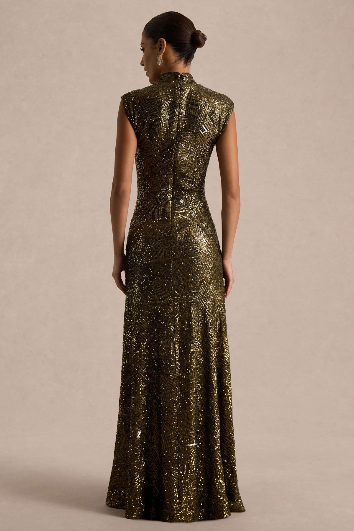 Cecy | Khaki Sequin High Neck Short Sleeve Maxi Dress