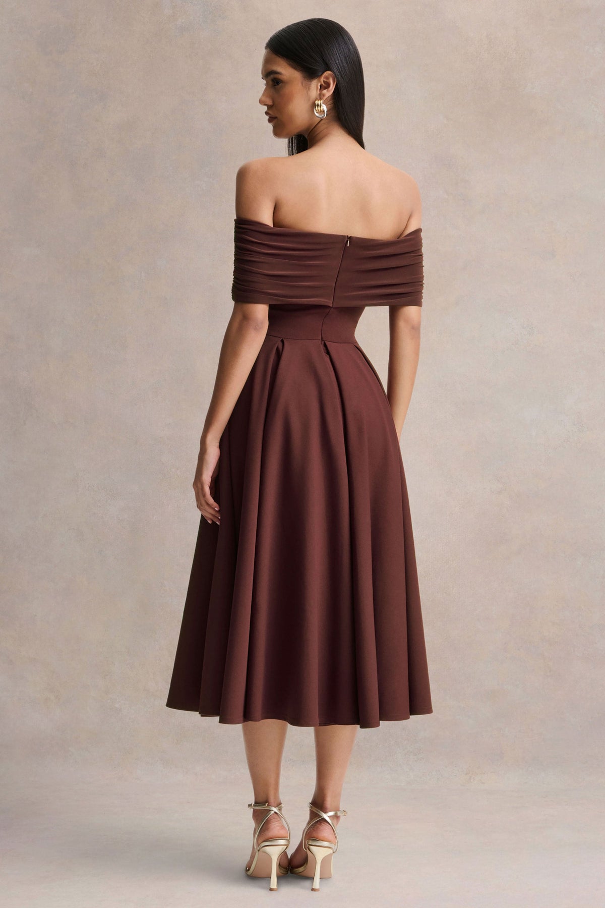 Dearest | Brown Bardot-Neck Midi Dress