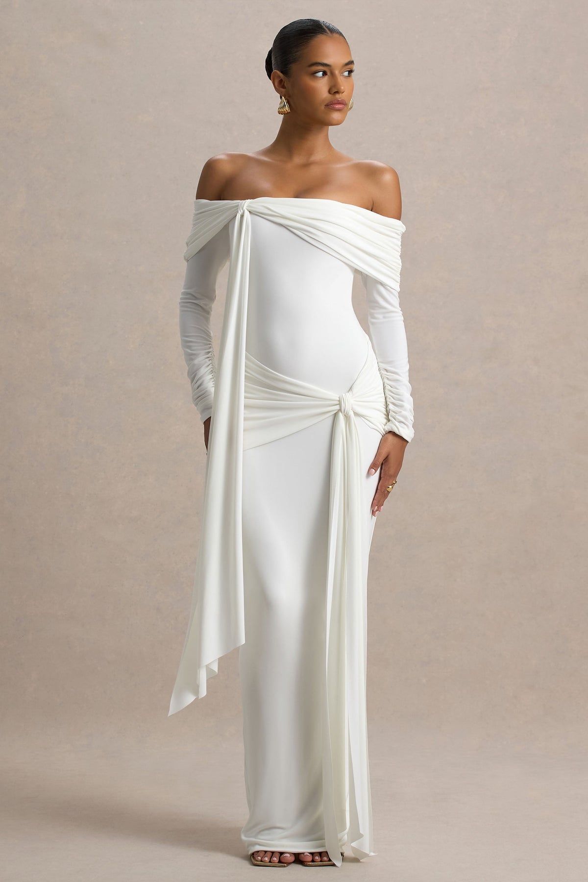 Jovie | White Jersey Ruched Bardot Long Sleeve Wrap Maxi Dress With Sashes and Back Split
