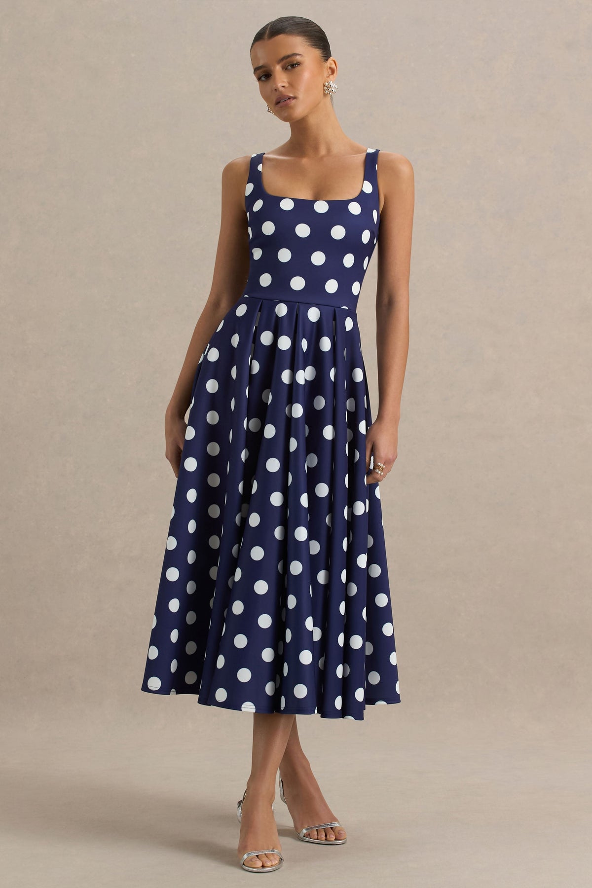 Berta | Navy And White Polka Dot Print Scuba Square Neck A-Line Midi Dress