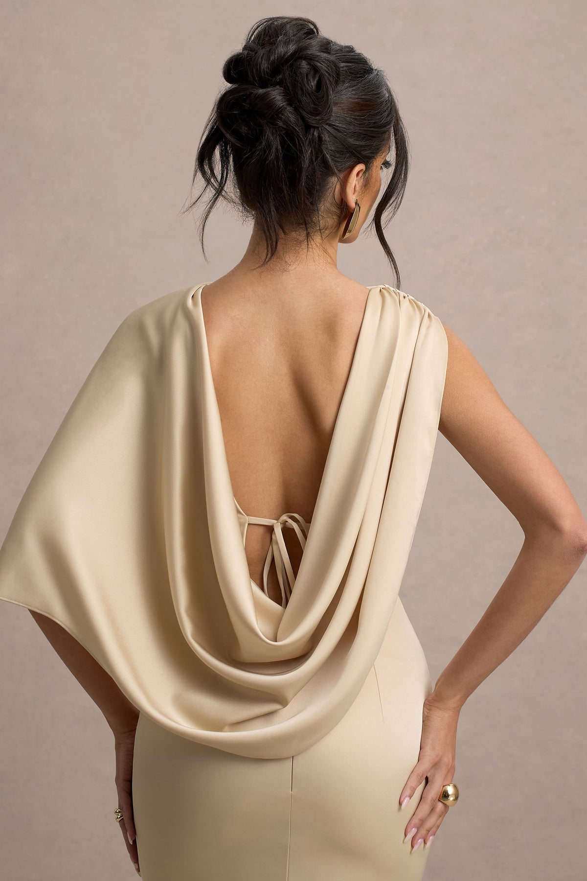 Ambra | Champagne Satin One-Shoulder Cape Maxi Dress