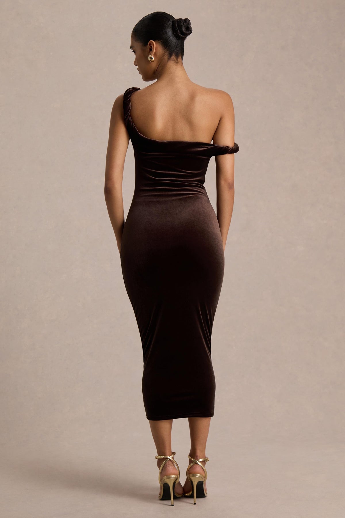 Carella | Brown Velvet One Shoulder Midi Dress With Twist Detailing