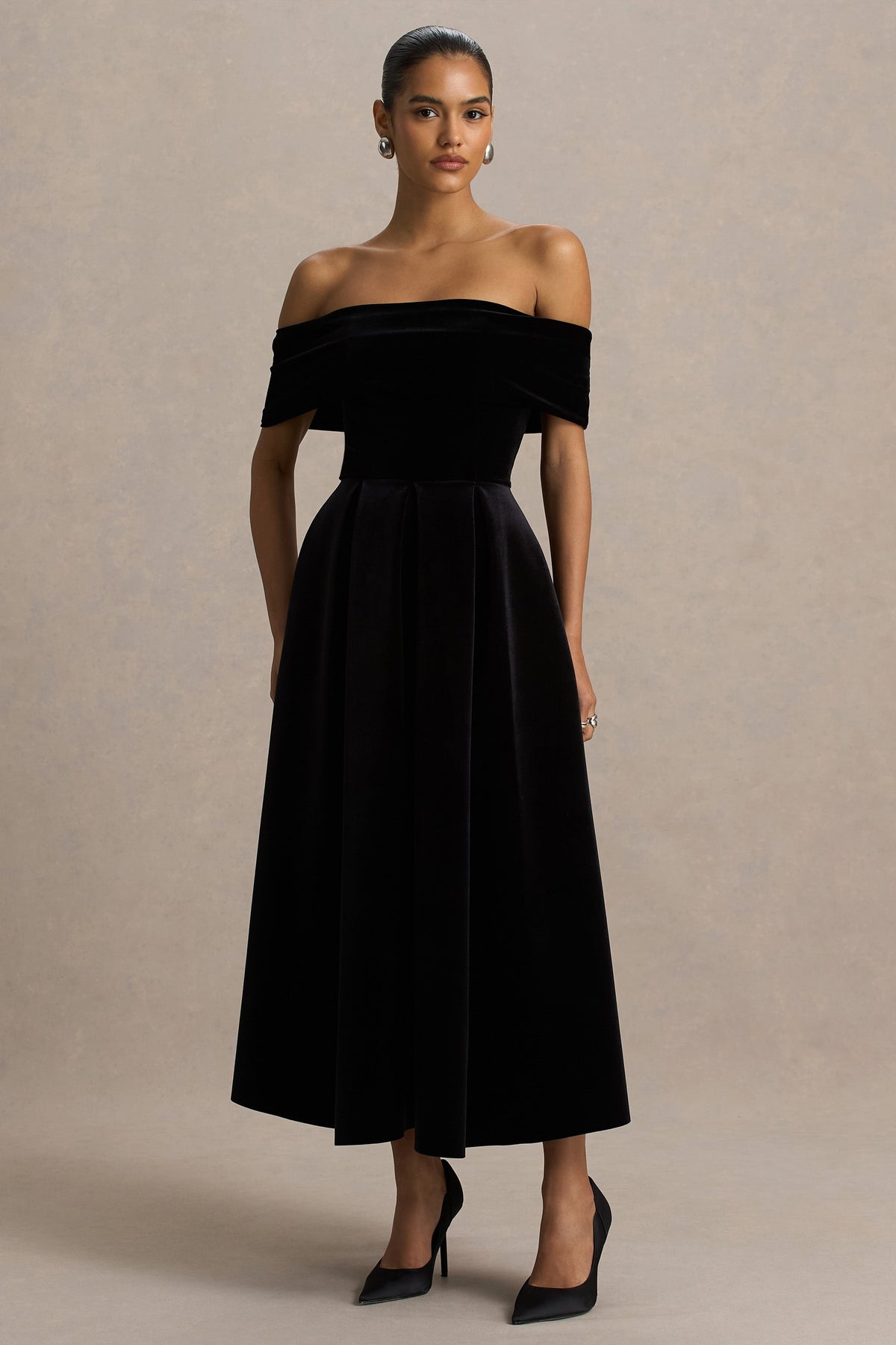 Ablaze | Black Velvet Bardot Short Sleeve A-Line Midi Dress