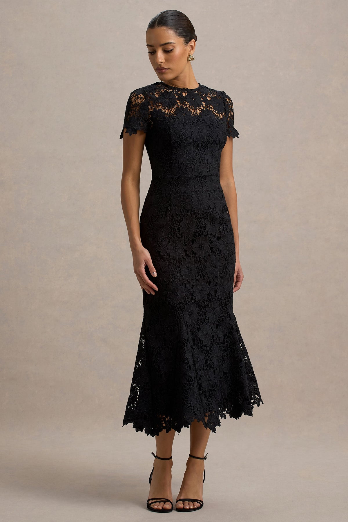 Clarissa | Black Lace High Neck Short Sleeve Midi Dress