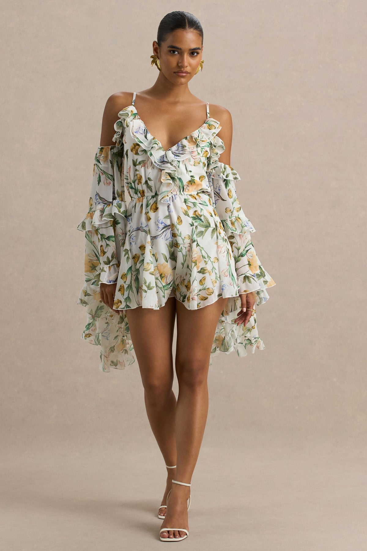 Anaya | Lemon Floral Print Chiffon Romper With Long Sleeves