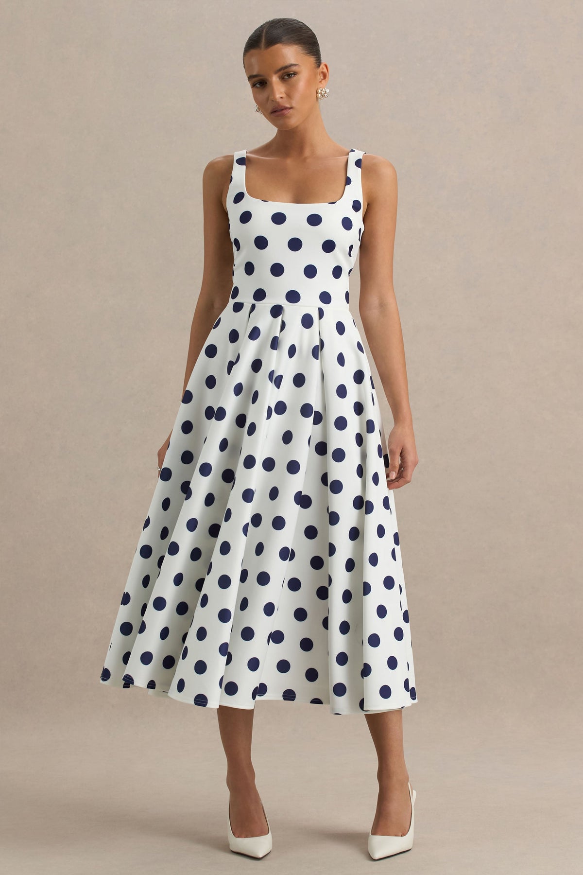 Berta | White And Navy Polka Dot Print Scuba Square Neck A-Line Midi Dress