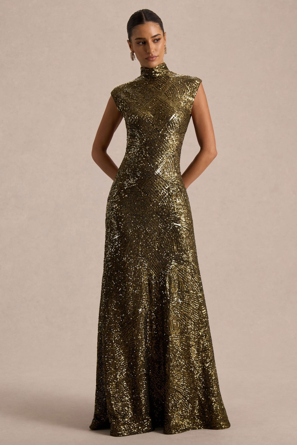Cecy | Khaki Sequin High Neck Short Sleeve Maxi Dress