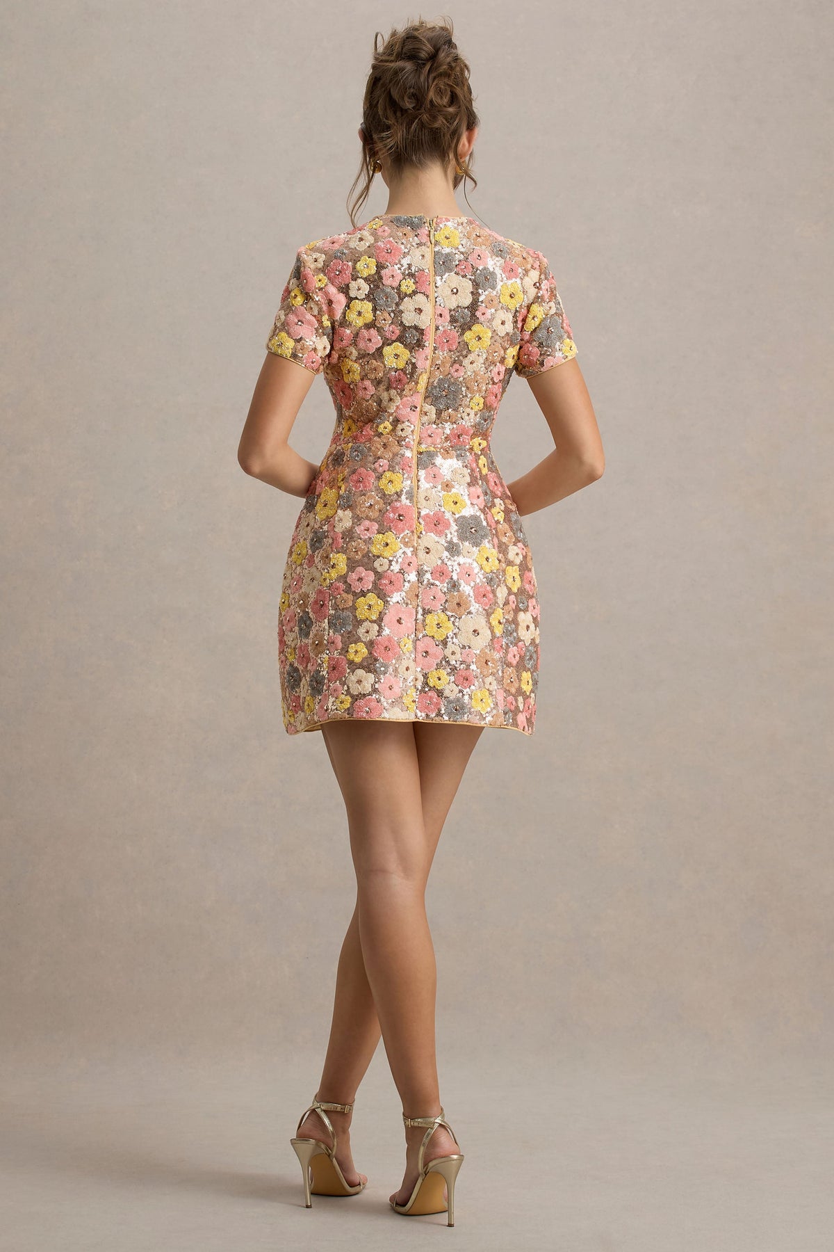 Eira | Pastel Floral Sequin Round Neck Short Sleeve A-Line Mini Dress