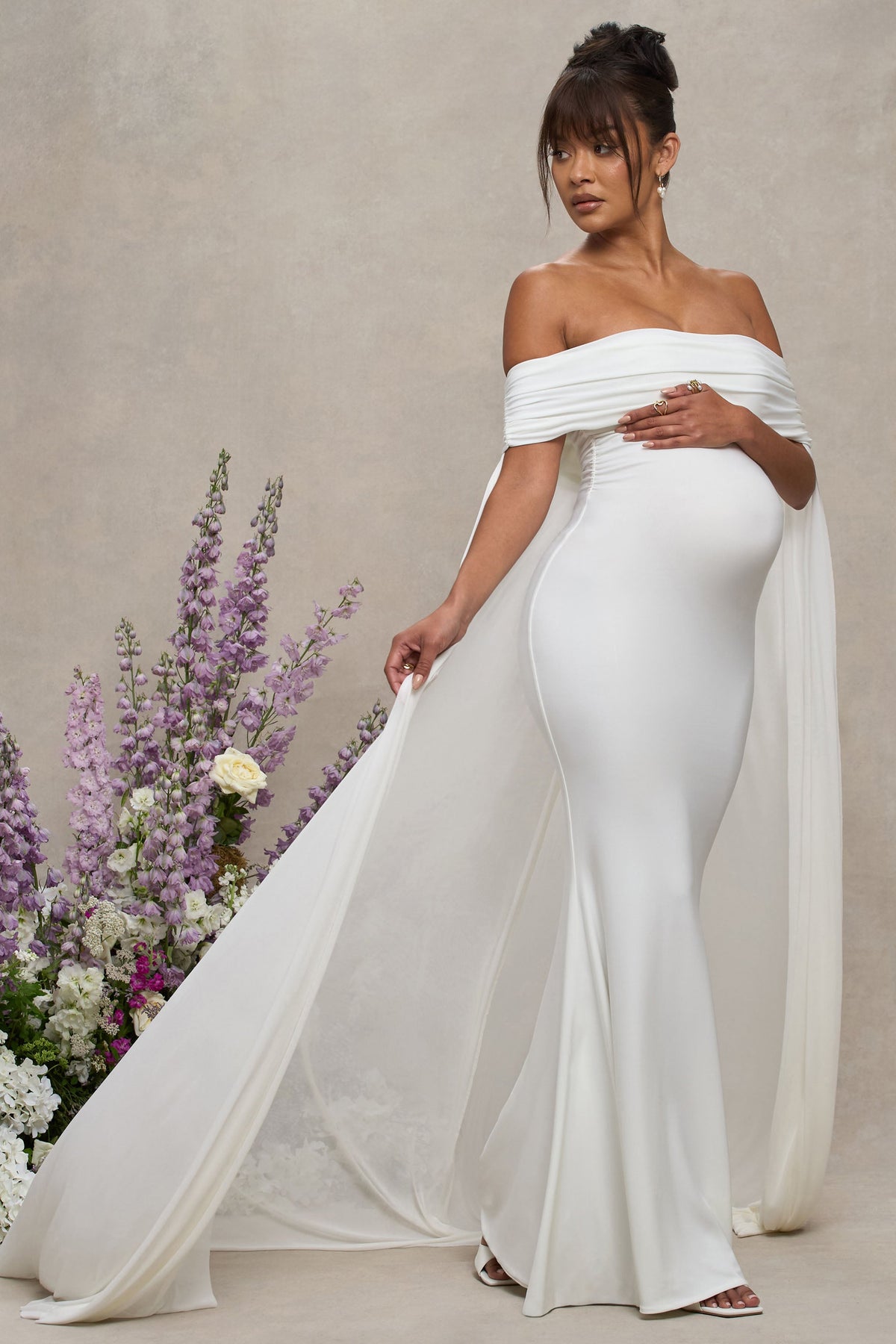 Carlotta | White Bardot Maternity Maxi Dress With Mesh Cape