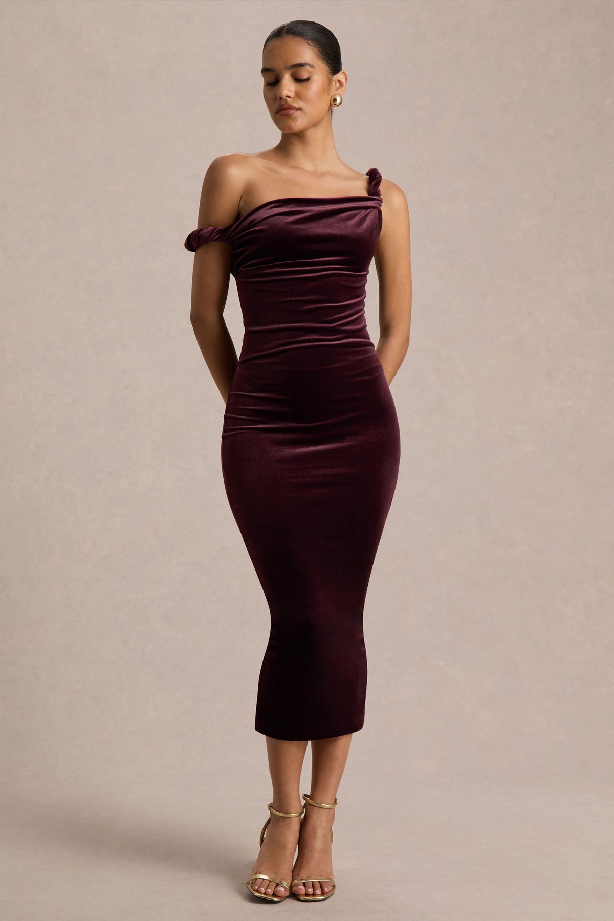Carella | Burgundy Velvet One Shoulder Midi Dress With Twist Detailing