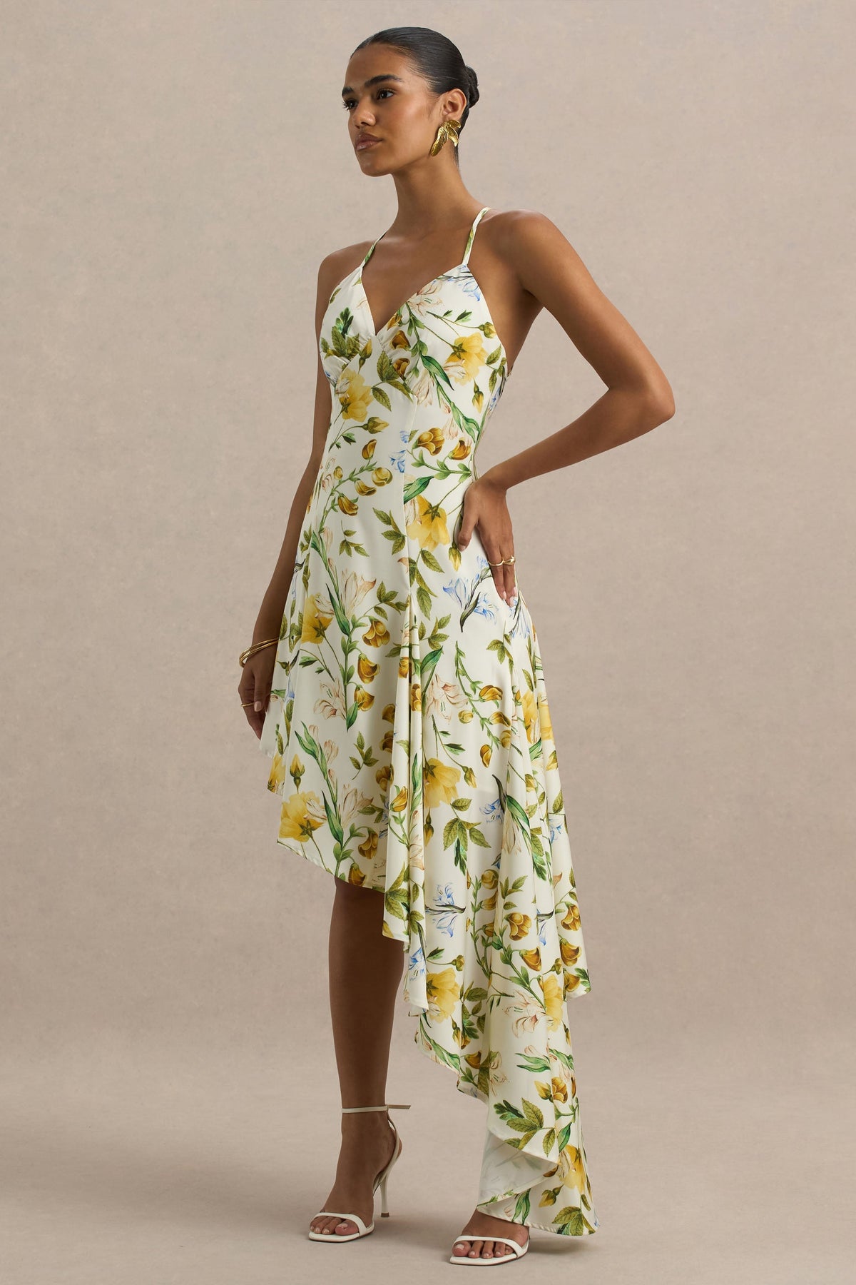 Glint | Lemon Floral Print Satin Plunge-Neck Maxi Dress With Asymmetric Hem
