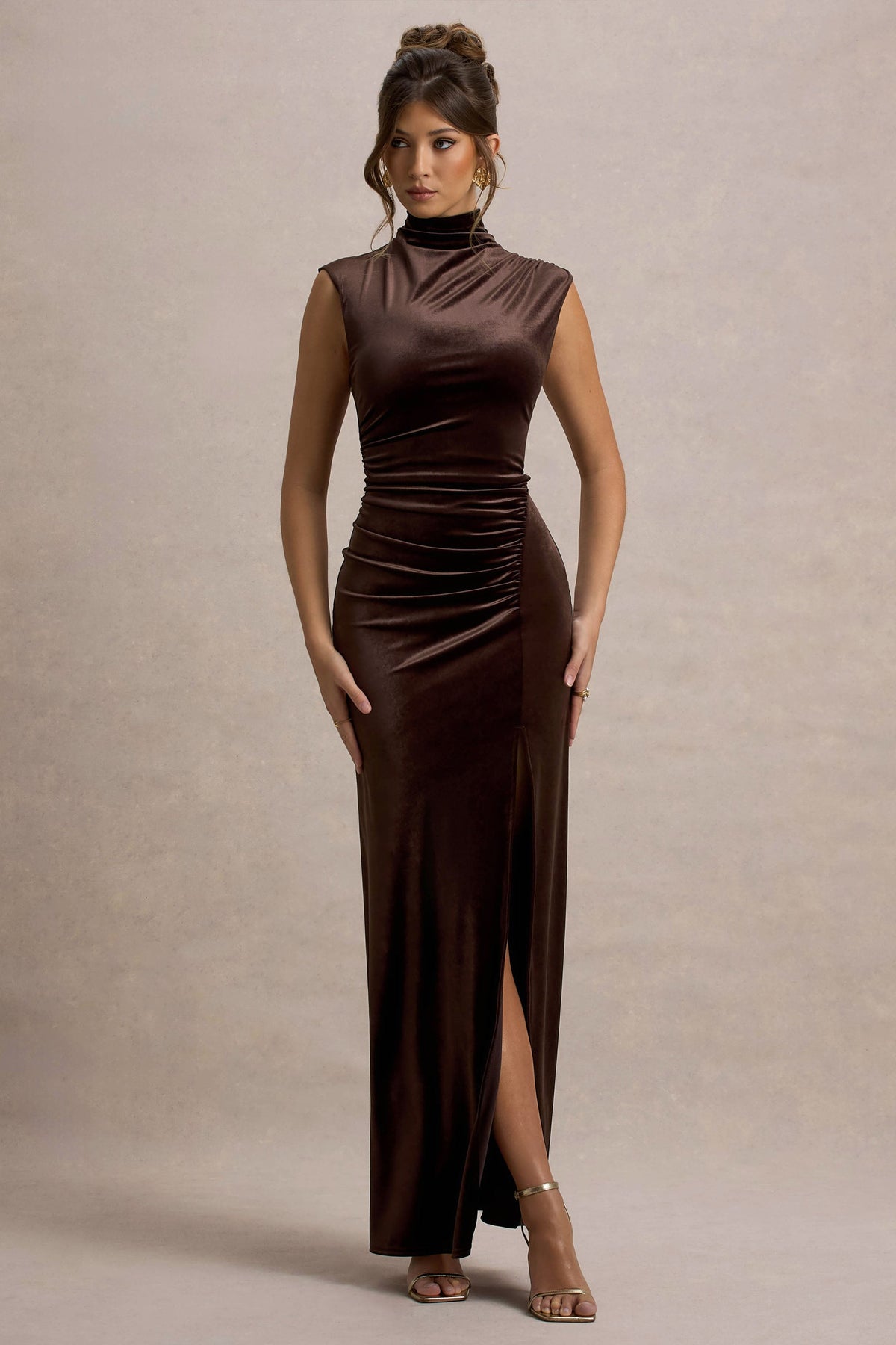 Abilene | Chocolate Velvet High Neck Maxi Dress With Gathered Detailing And Split