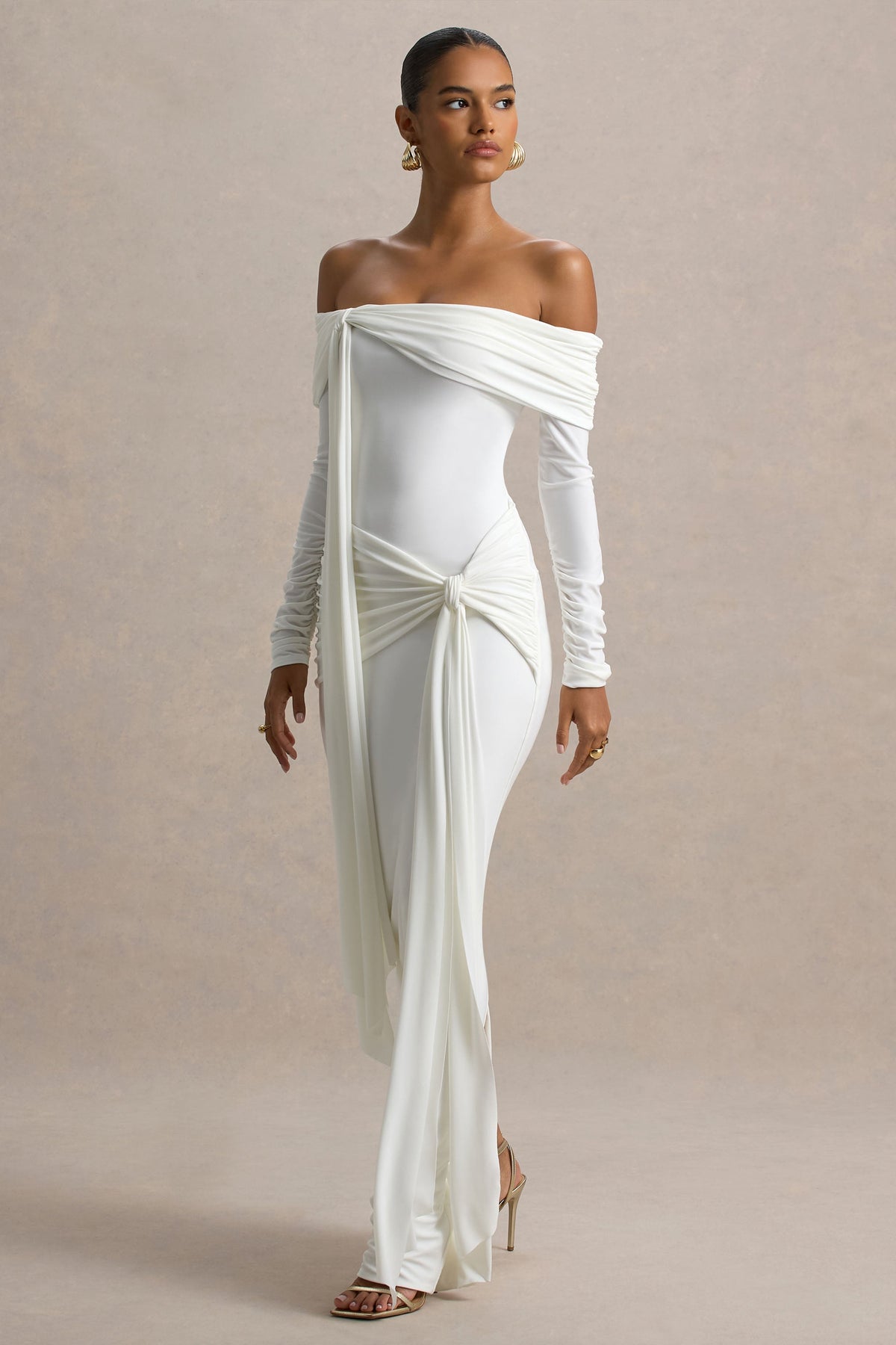 Jovie | White Jersey Ruched Bardot Long Sleeve Wrap Maxi Dress With Sashes and Back Split