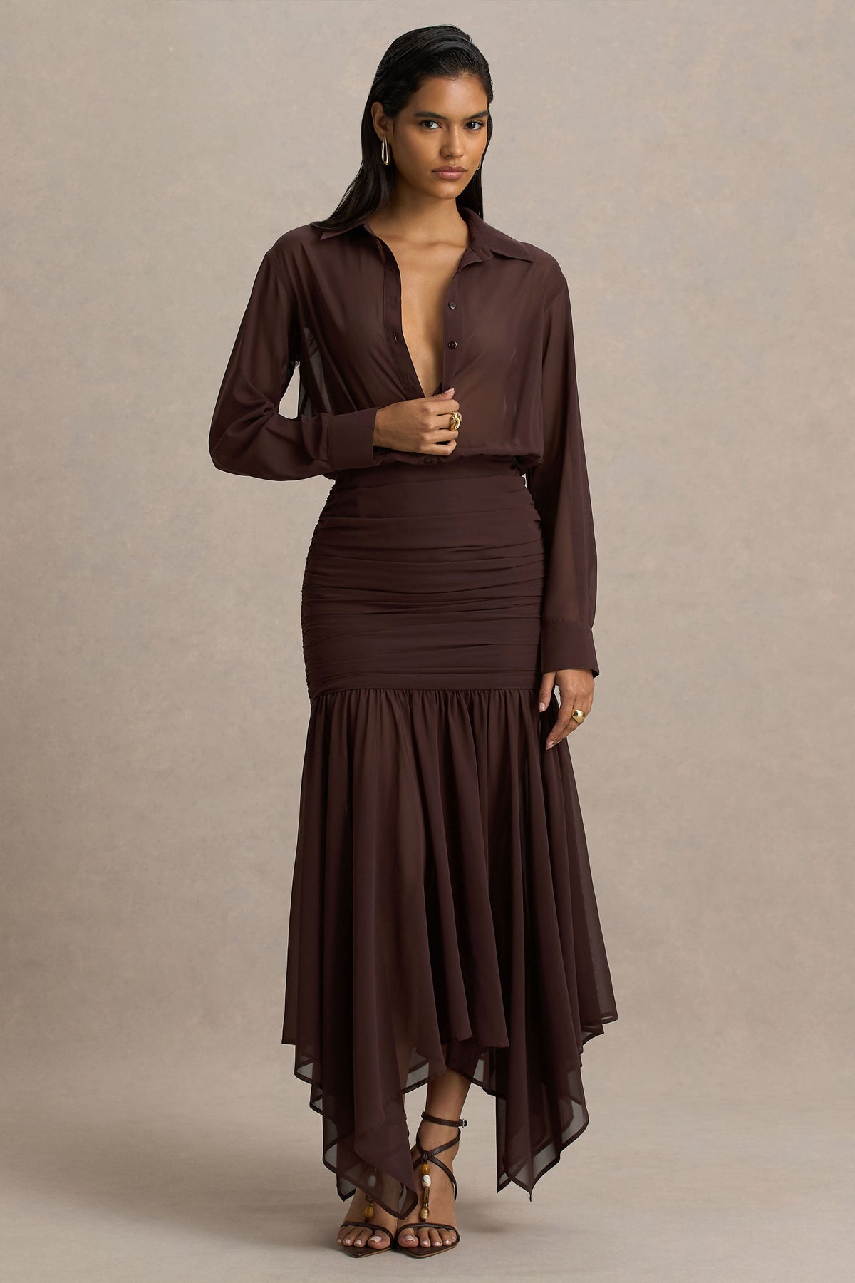 Kris | Brown Chiffon V Neck Long Sleeve A-Line Maxi Dress