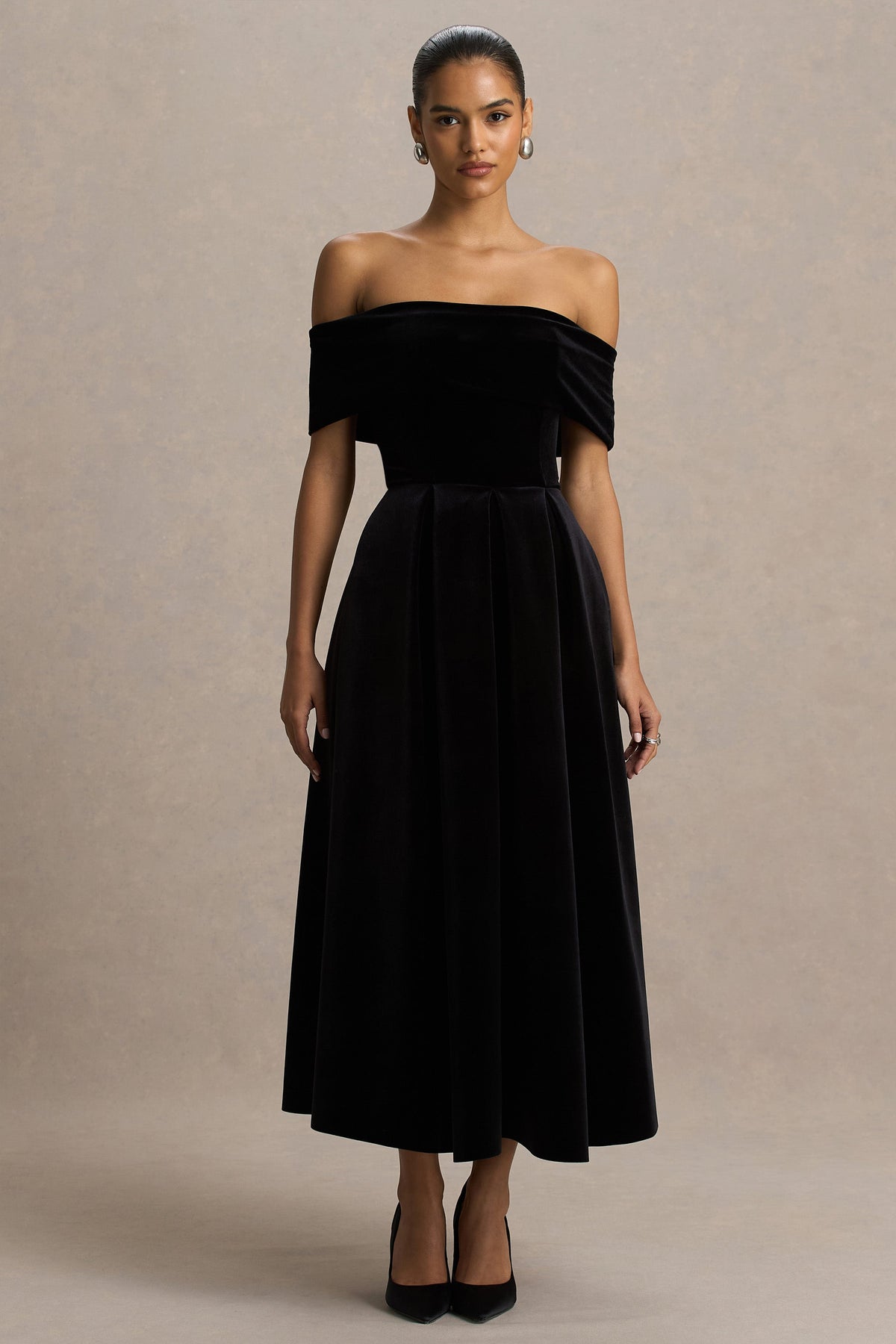 Ablaze | Black Velvet Bardot Short Sleeve A-Line Midi Dress