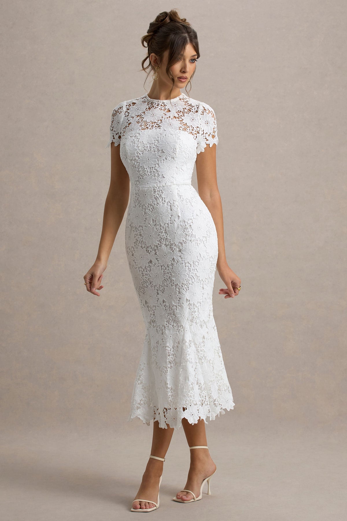 Clarissa | White Lace High Neck Short Sleeve Midi Dress