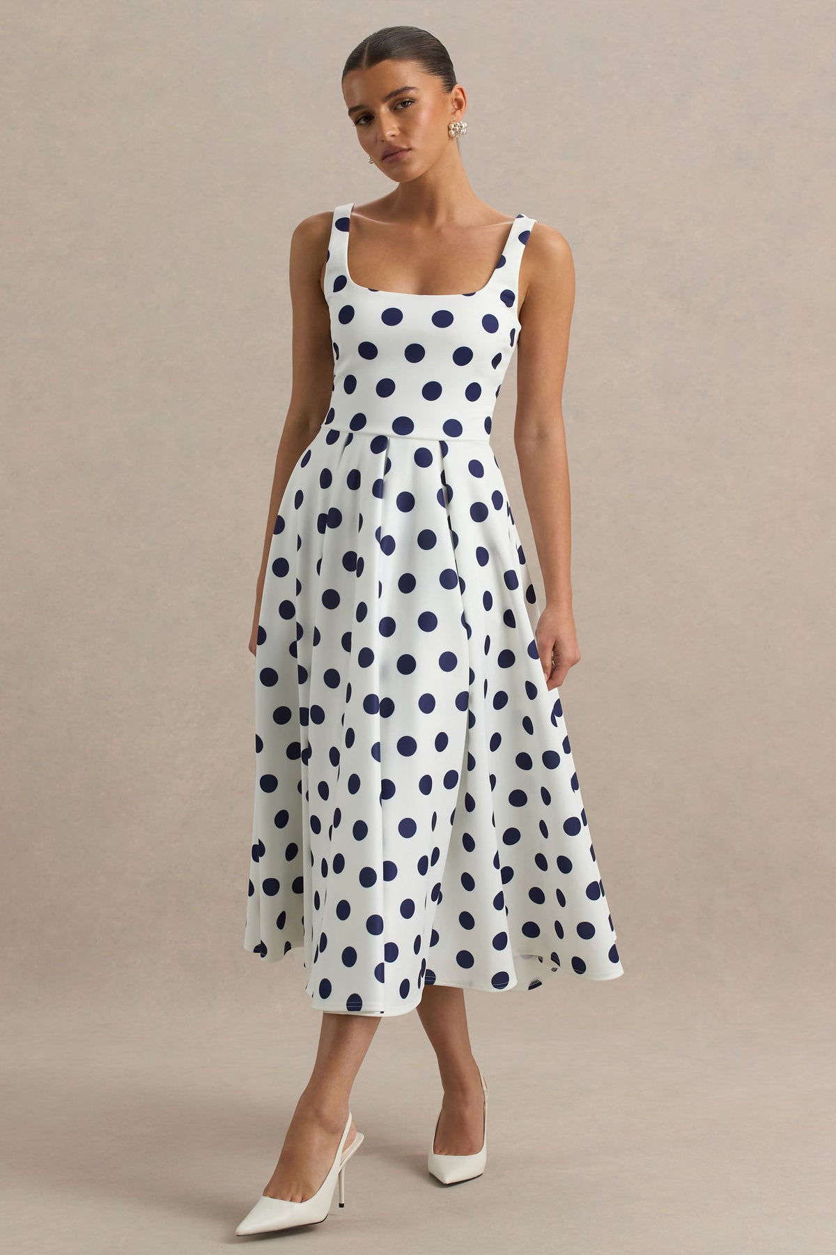 Berta | White And Navy Polka Dot Print Scuba Square Neck A-Line Midi Dress