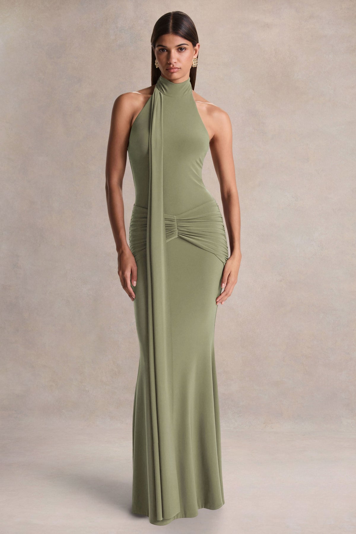 Hyla | Green High-Neck Maxi Dress With Sash-Detail
