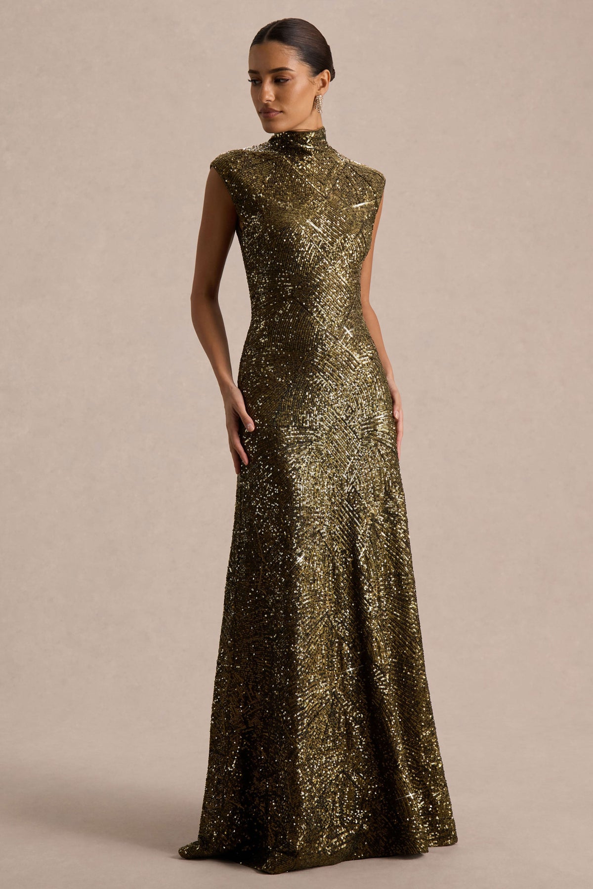 Cecy | Khaki Sequin High Neck Short Sleeve Maxi Dress