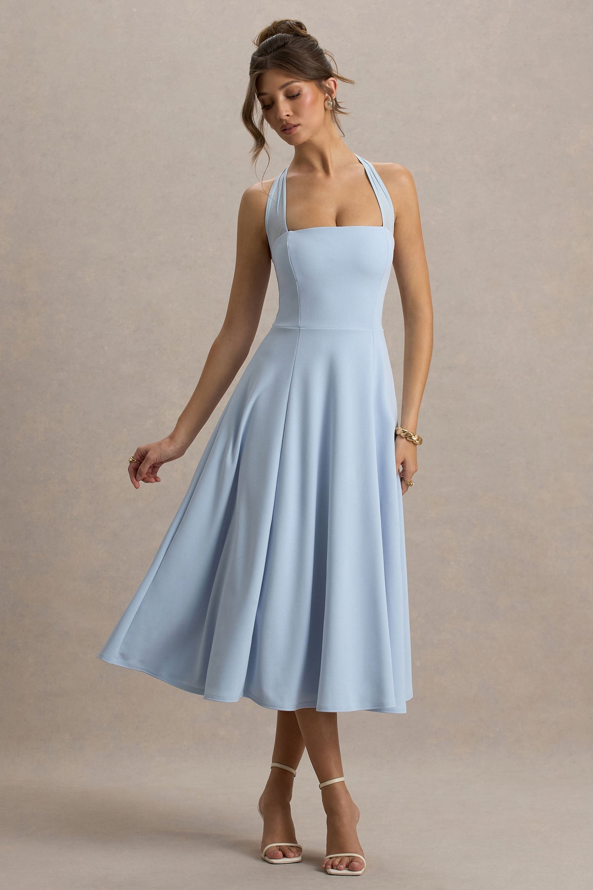 Auburn | Powder Blue Halter Skater Midi Dress