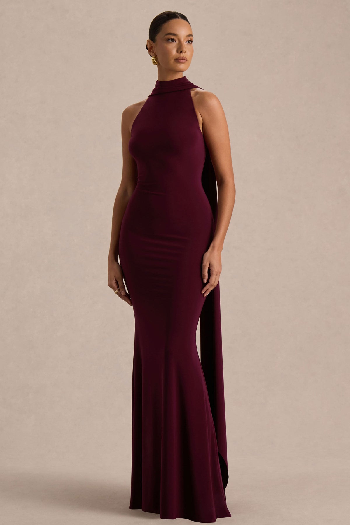 Cordy | Burgundy Jersey High Neck Maxi Dress With Scarf Detail