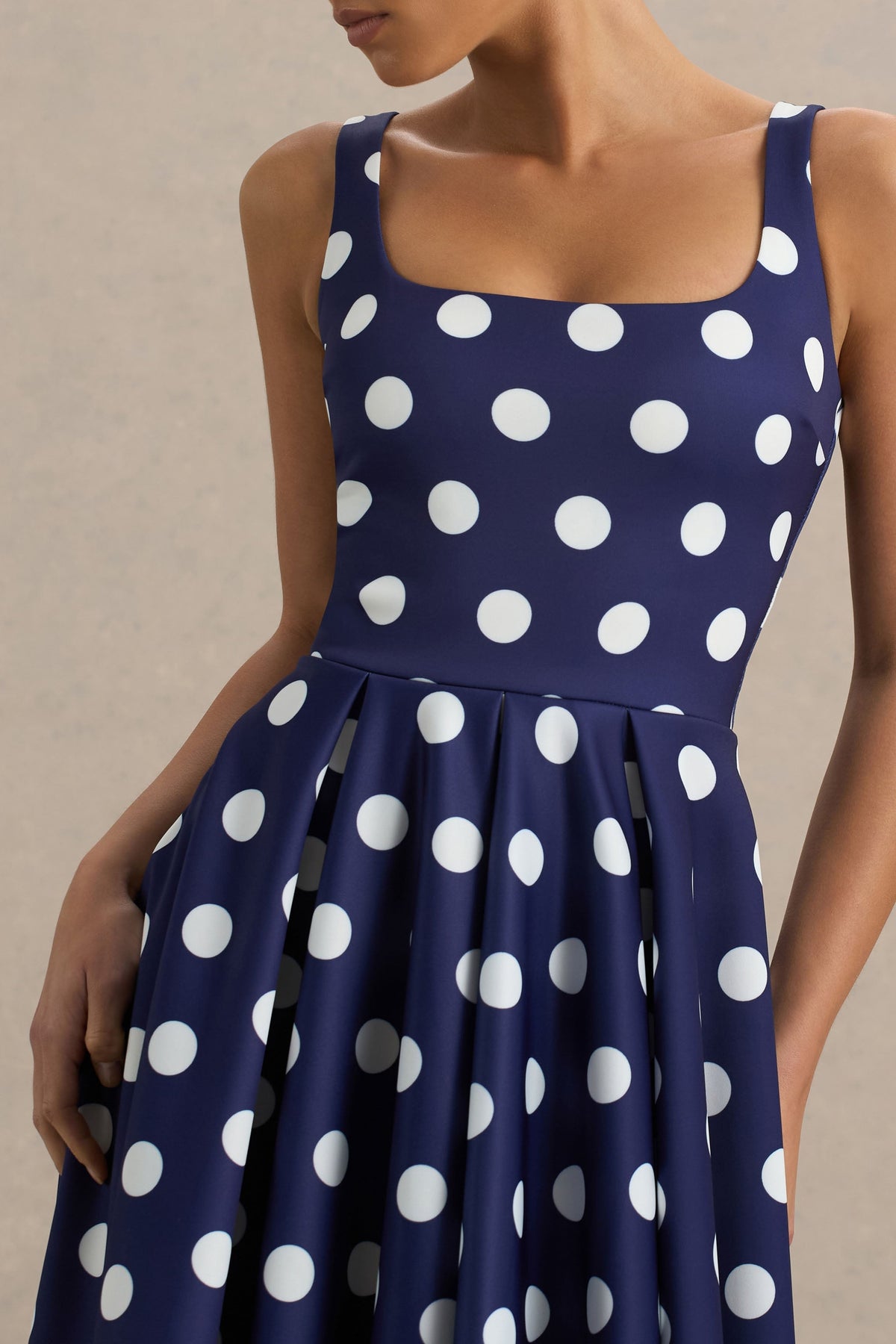 Berta | Navy And White Polka Dot Print Scuba Square Neck A-Line Midi Dress