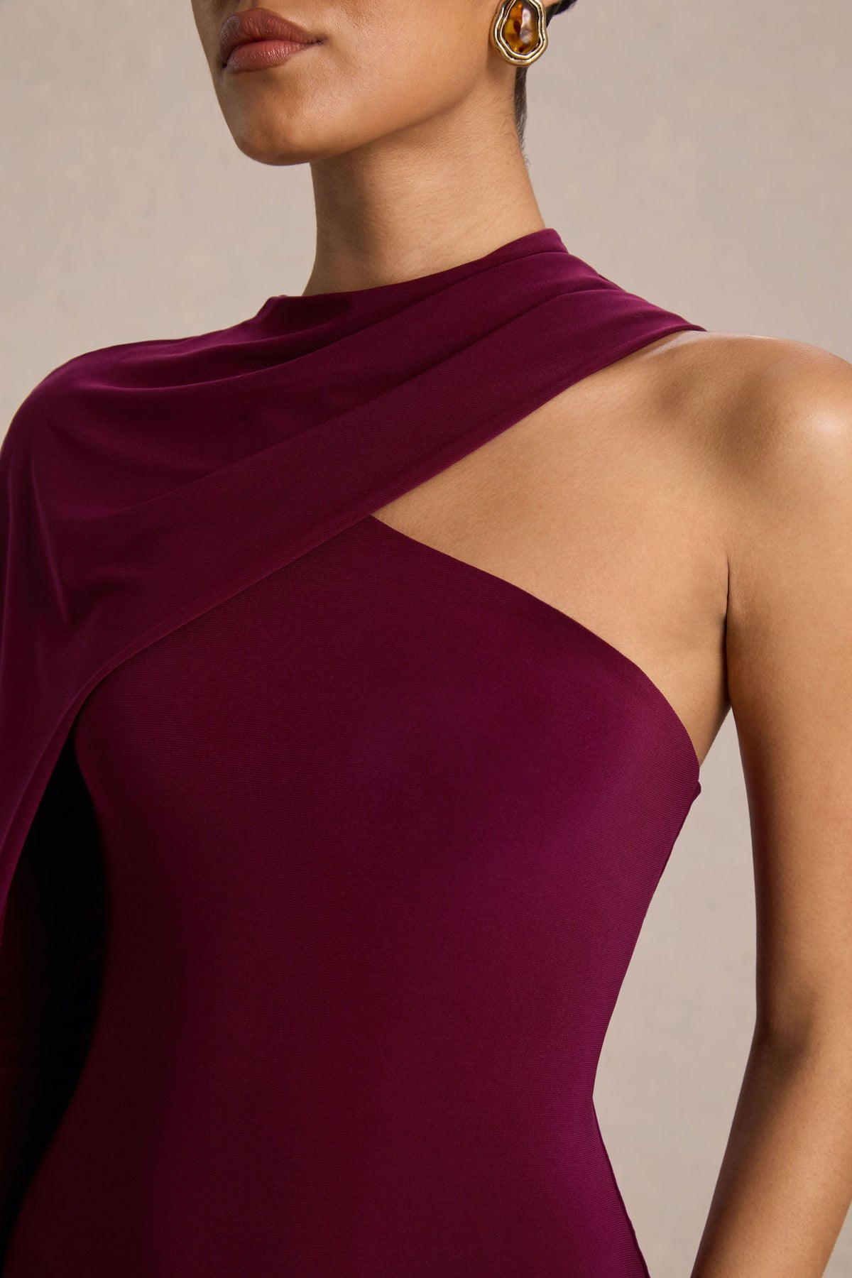 Dawn | Burgundy Asymmetric-Neck Maxi Dress With One Long-Sleeve And Cape