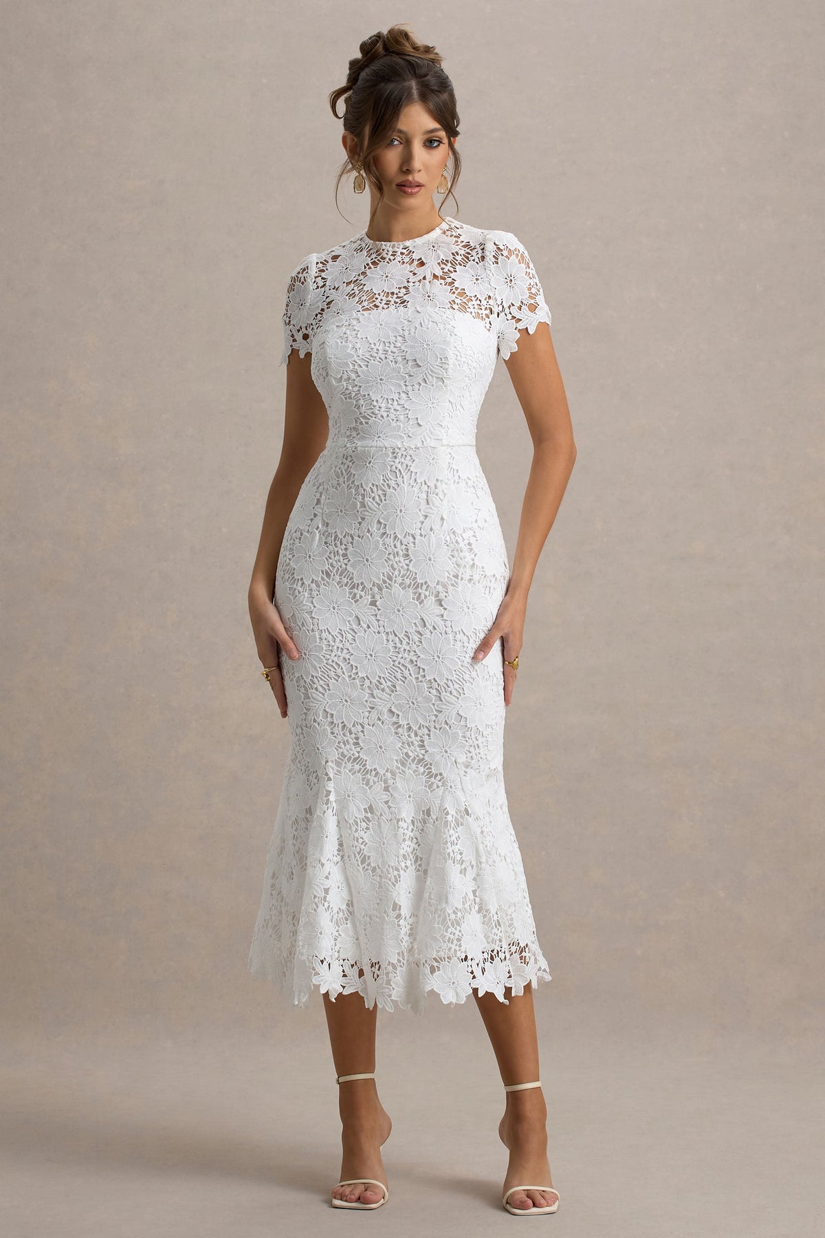 Clarissa | White Lace High Neck Short Sleeve Midi Dress