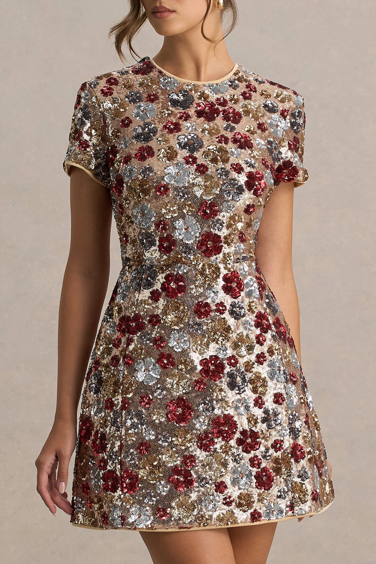 Eira | Red Floral Sequin Round Neck Short Sleeve A-Line Mini Dress