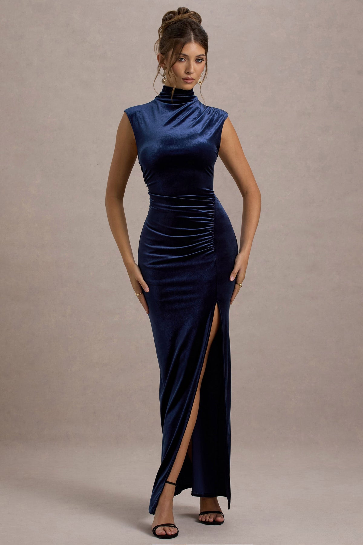Abilene | Navy Velvet High Neck Maxi Dress With Gathered Detailing And Split
