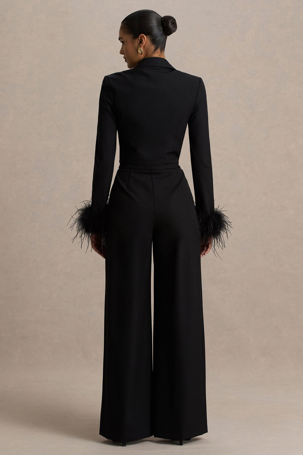 Lissy | Black Plunge-Neck Jumpsuit With Feather-Detailed Sleeves