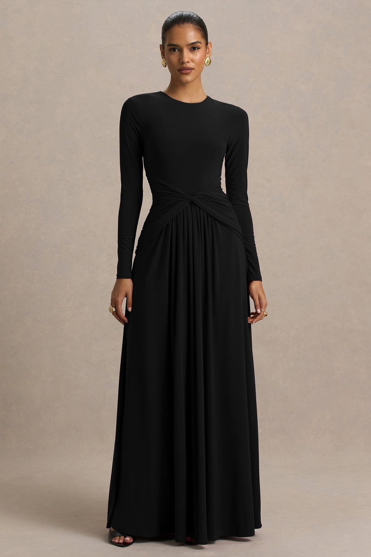 Estrella | Black High-Neck Maxi Dress With Ruched Detailing