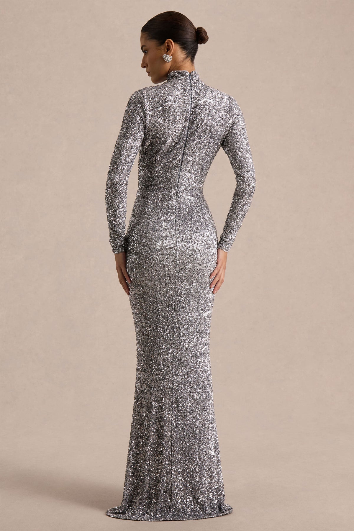 Galaxy | Silver Sequin High Neck Long Sleeve Maxi Dress