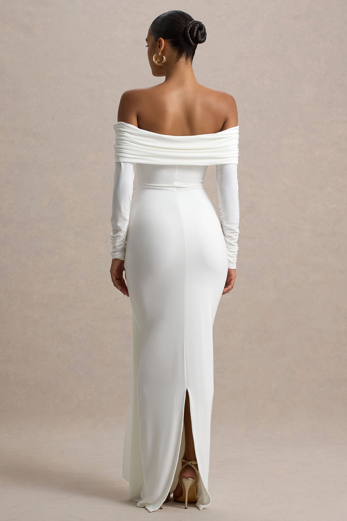 Jovie | White Jersey Ruched Bardot Long Sleeve Wrap Maxi Dress With Sashes and Back Split