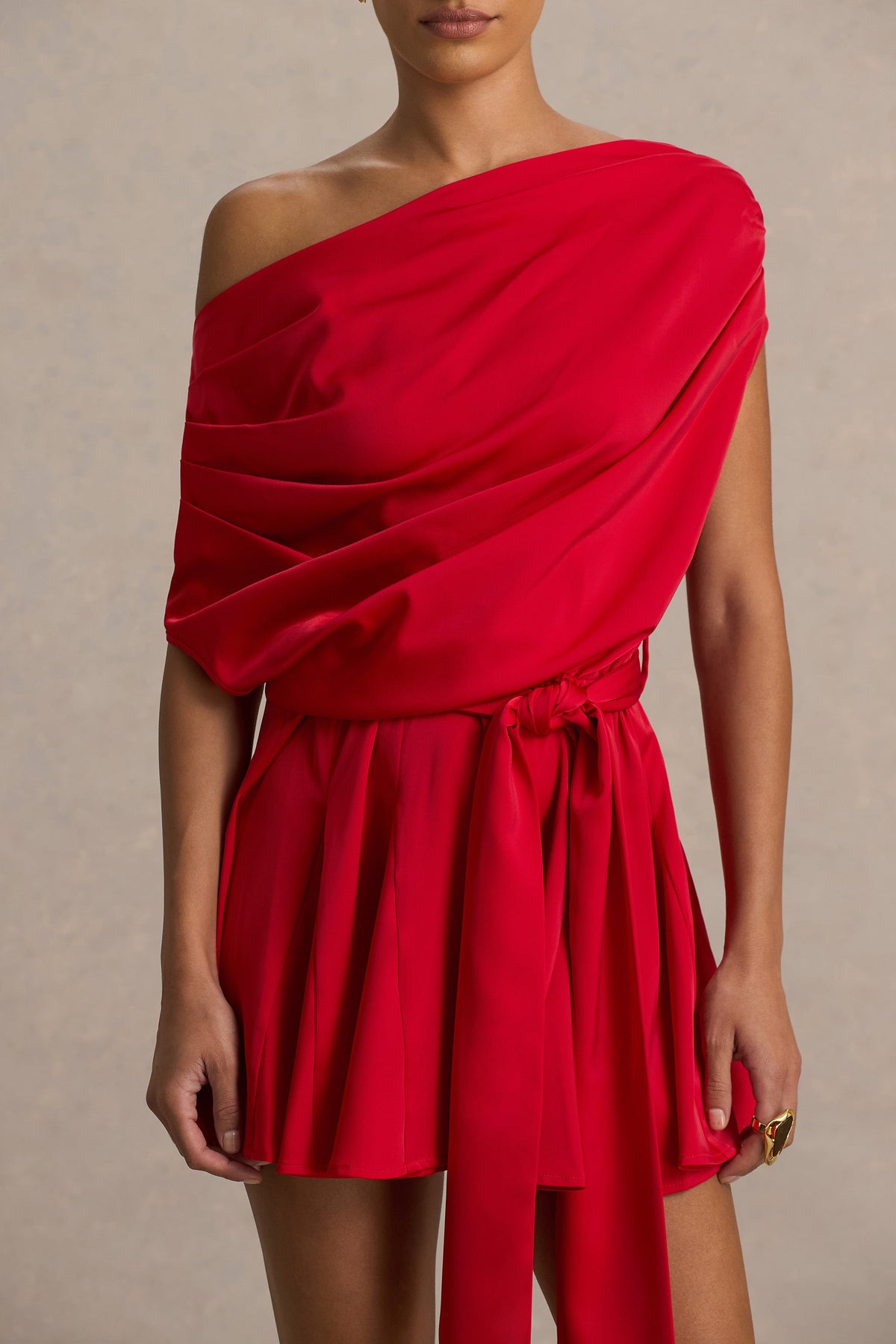 Clydie | Red Satin Asymmetric Romper With Tie-Waist