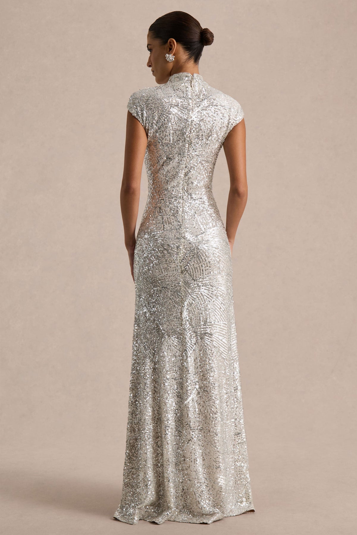 Cecy | Silver Sequin High Neck Short Sleeve Maxi Dress