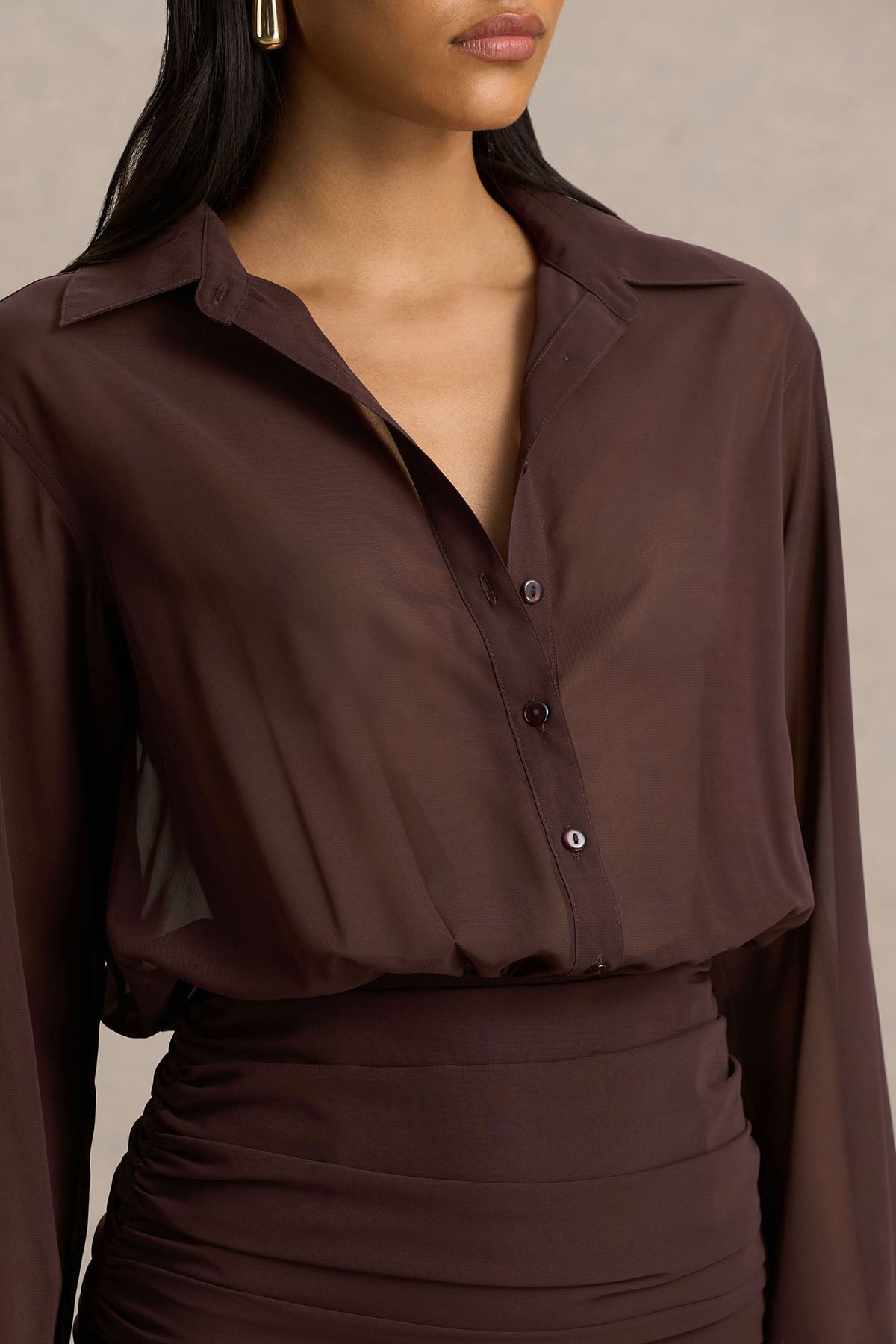 Kris | Brown Chiffon V Neck Long Sleeve A-Line Maxi Dress
