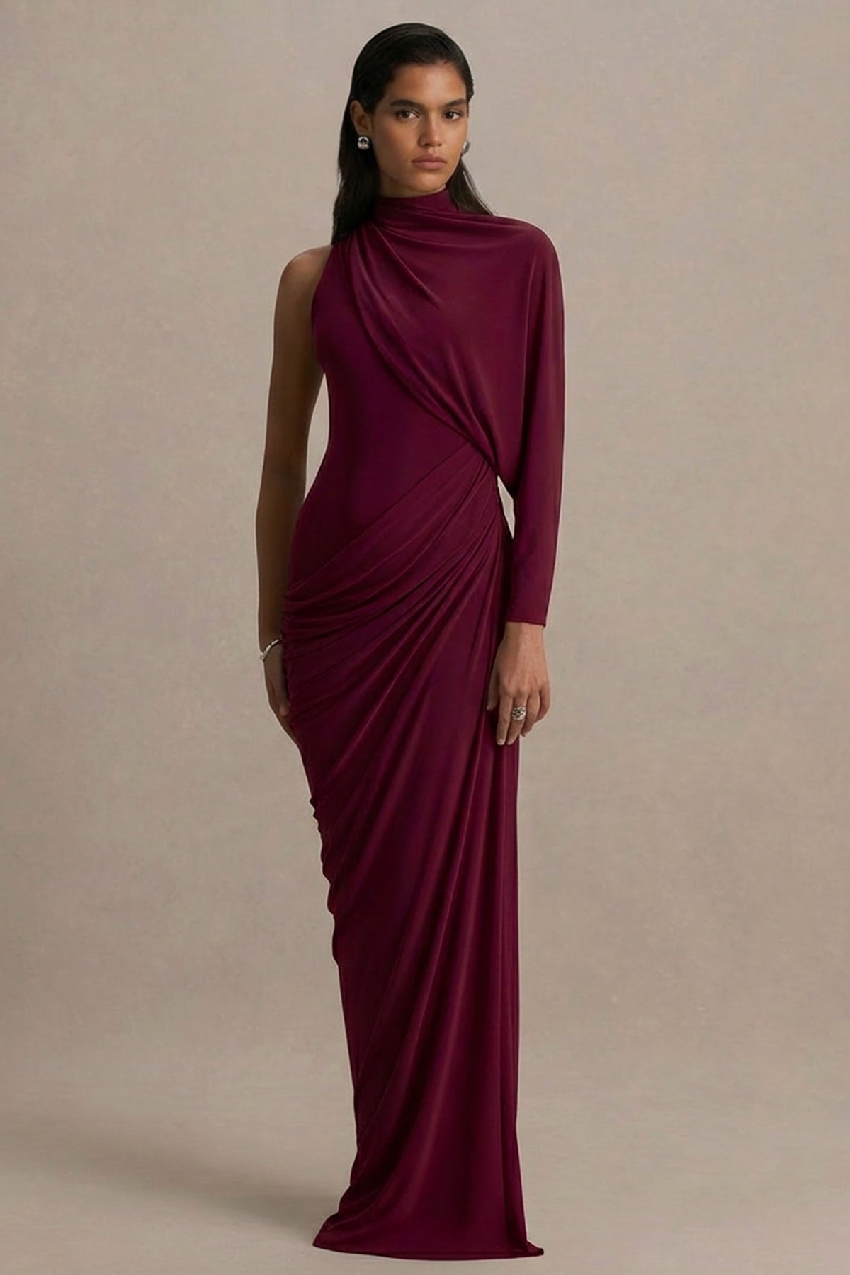 Aphra | Burgundy High-Neck Maxi Dress With Cape-Sleeve