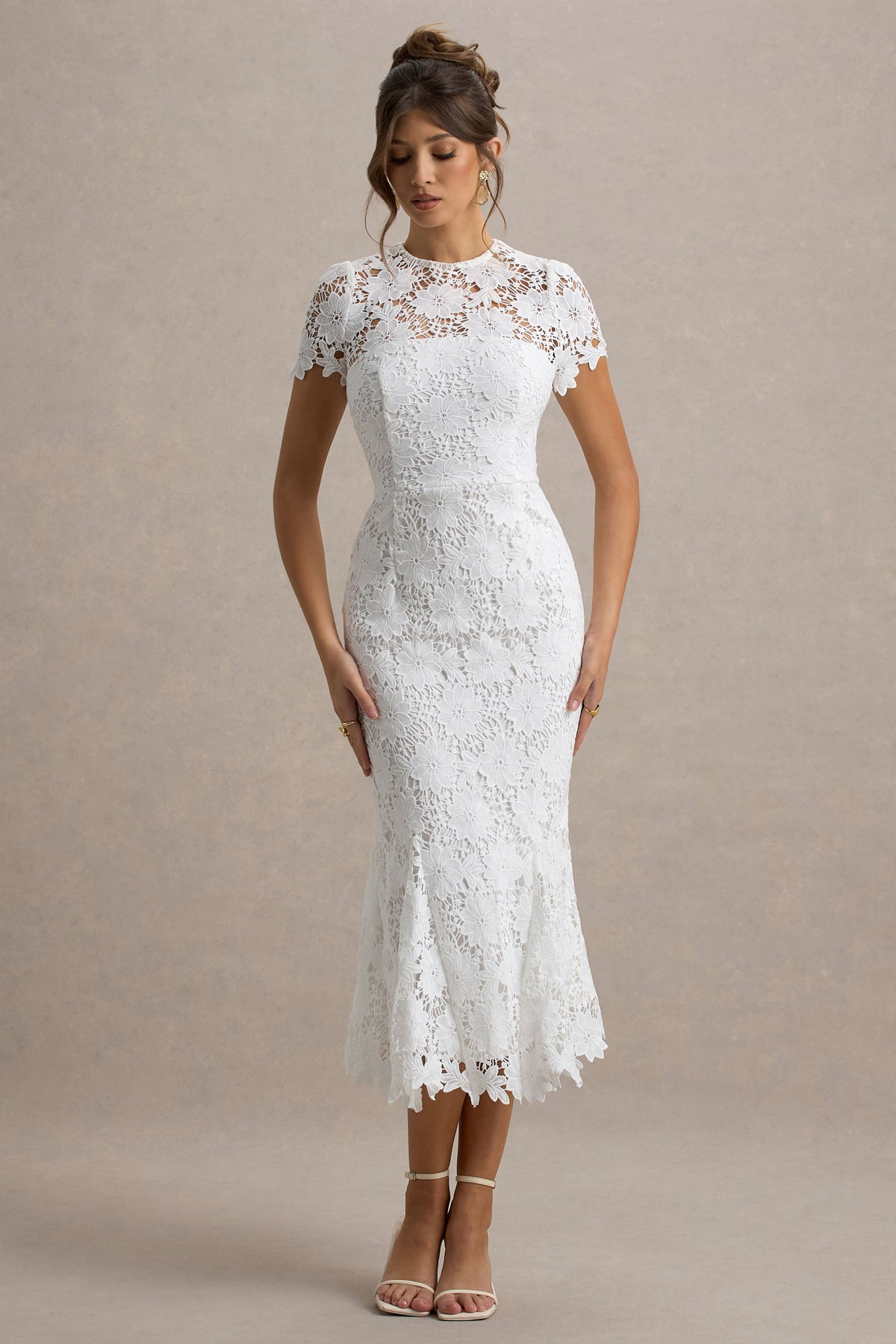Clarissa | White Lace High Neck Short Sleeve Midi Dress