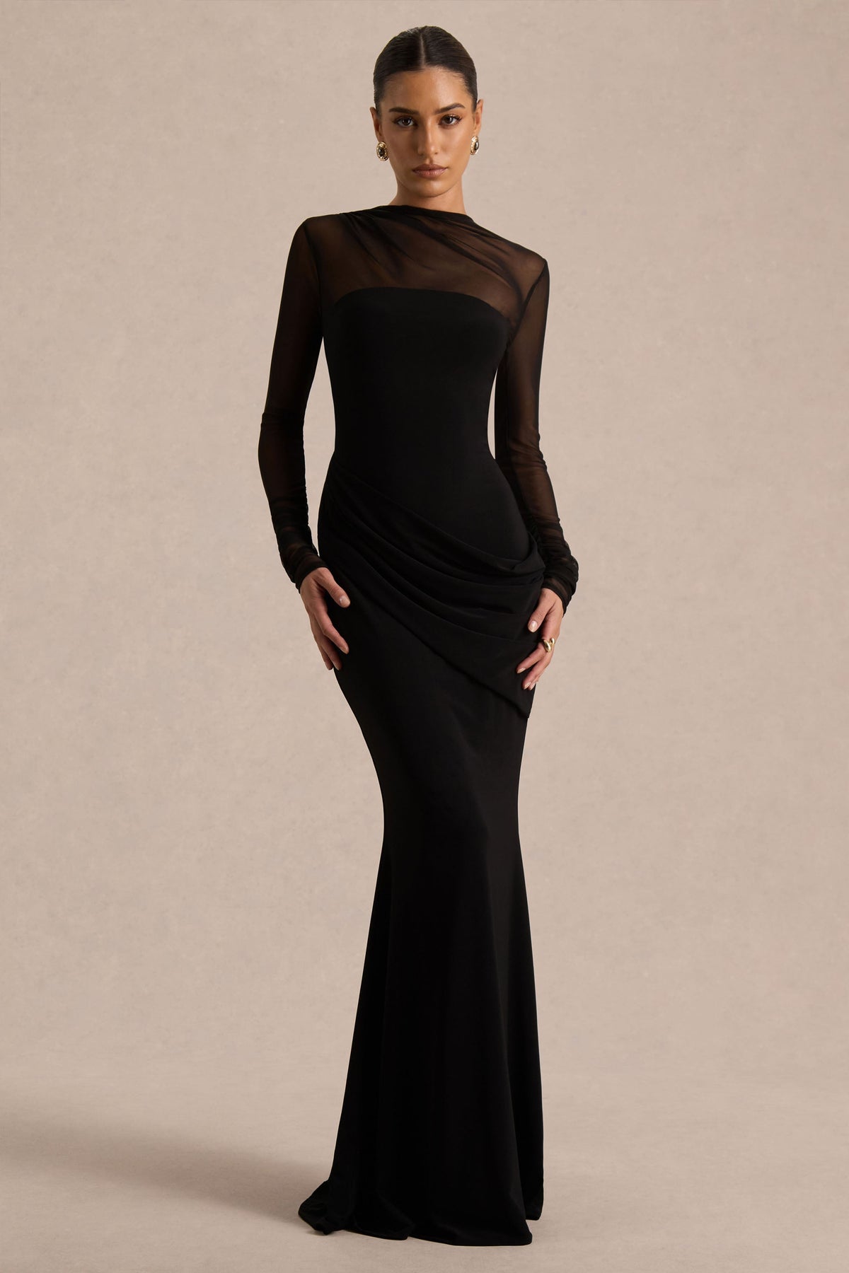 Deema | Black Jersey High Neck Long Sleeve Maxi Dress With Ruching