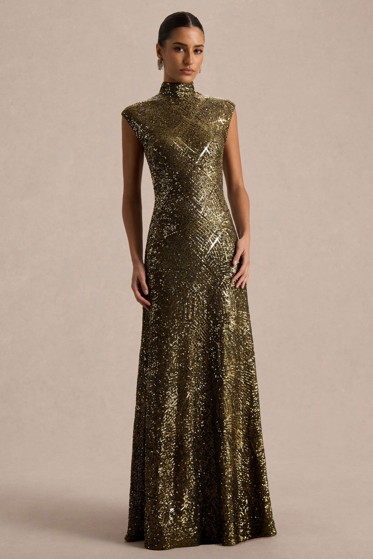 Cecy | Khaki Sequin High Neck Short Sleeve Maxi Dress
