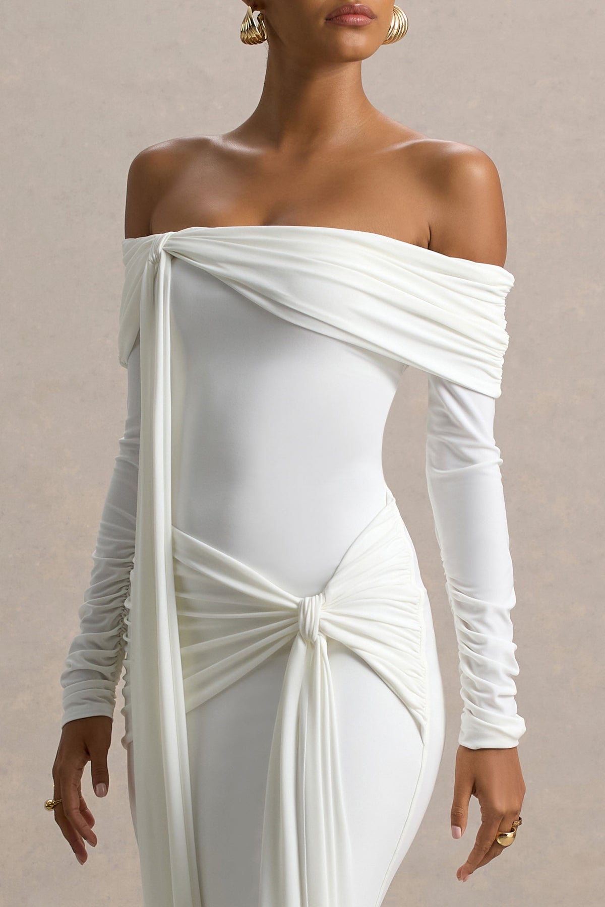Jovie | White Jersey Ruched Bardot Long Sleeve Wrap Maxi Dress With Sashes and Back Split