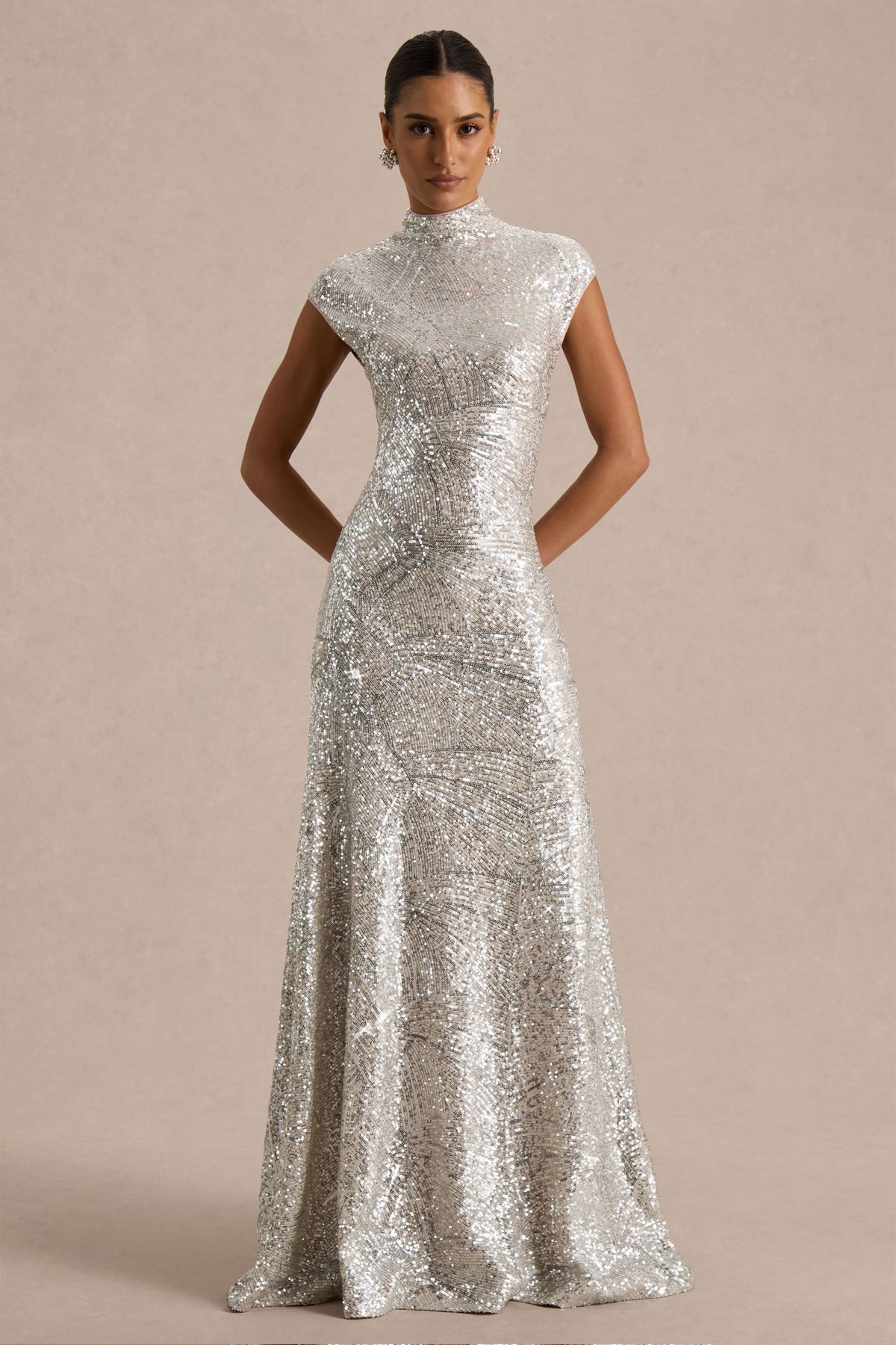 Cecy | Silver Sequin High Neck Short Sleeve Maxi Dress