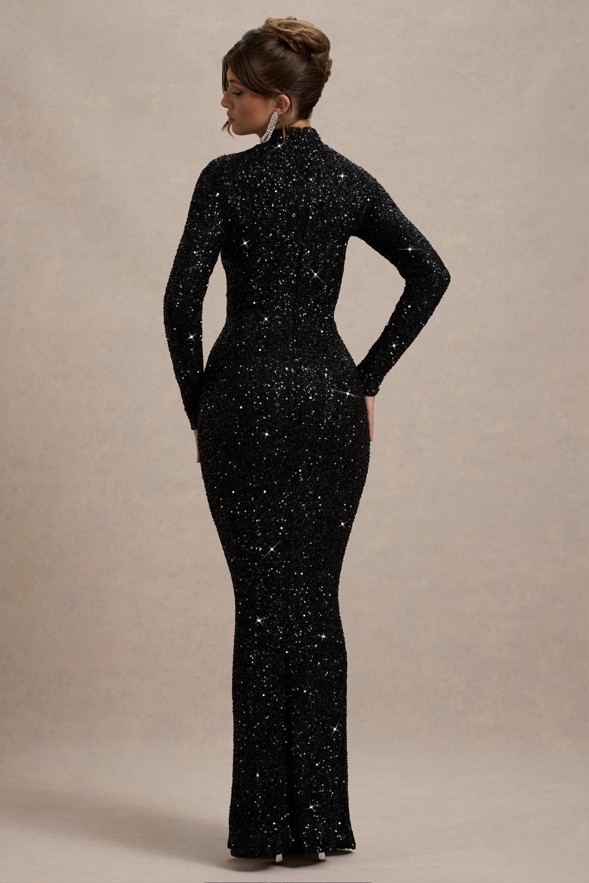 Galaxy | Black Sequin High Neck Long Sleeve Maxi Dress